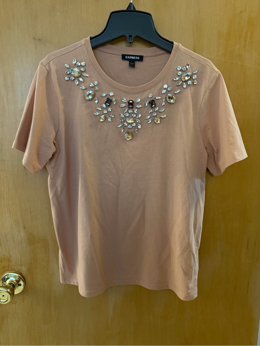 Express Blush Pink Short Sleeve Tee with Crystal Neckline